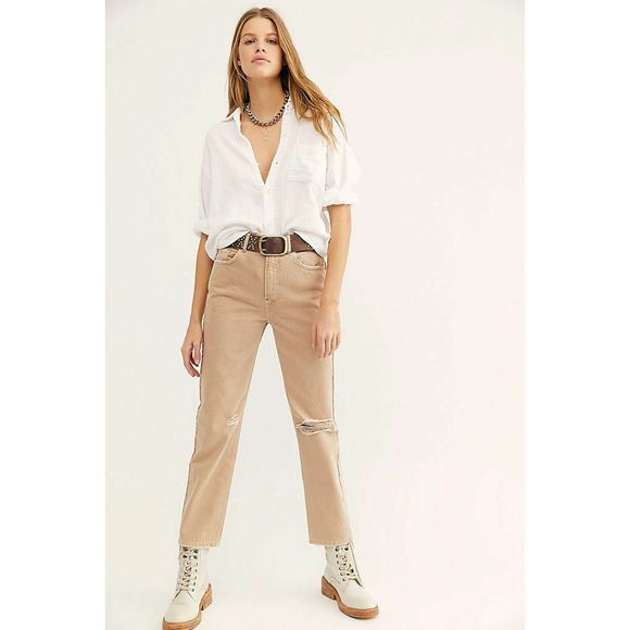 Free People Denim - We The Free People Beige Dakota Straight Leg Jeans